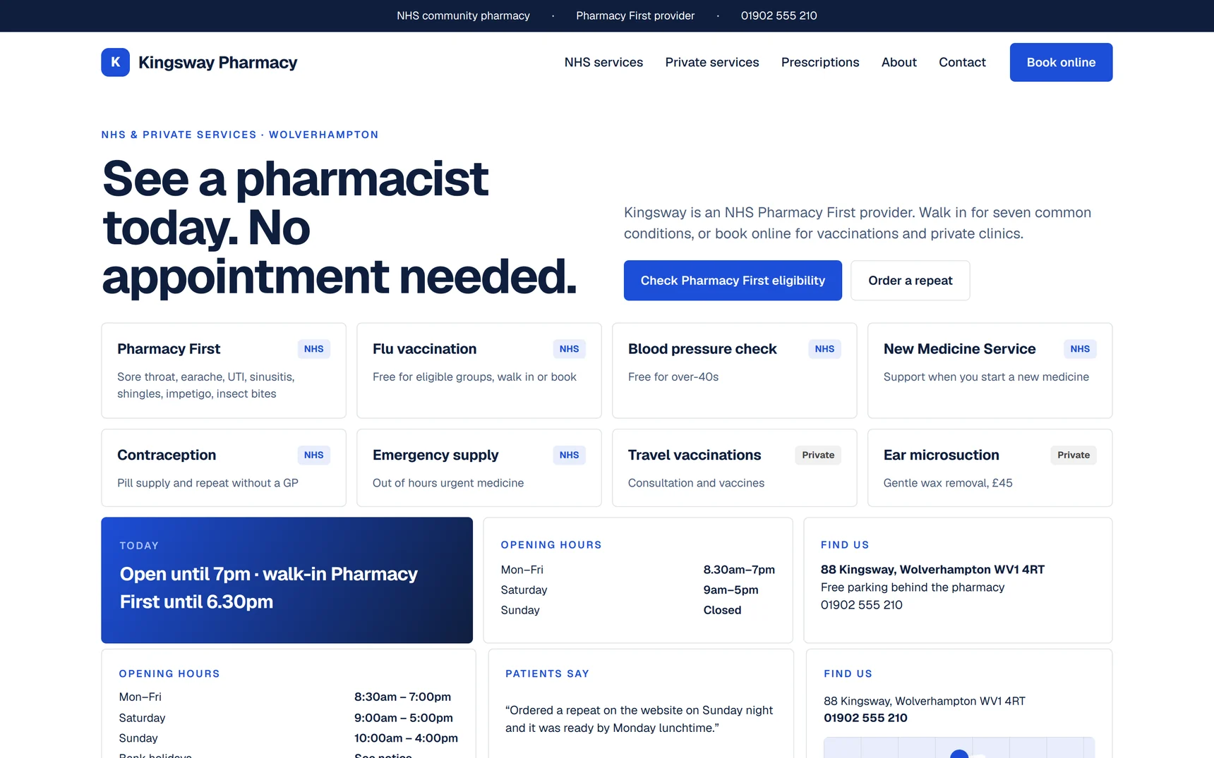 Kingsway Pharmacy — clinical deep blue, NHS-led