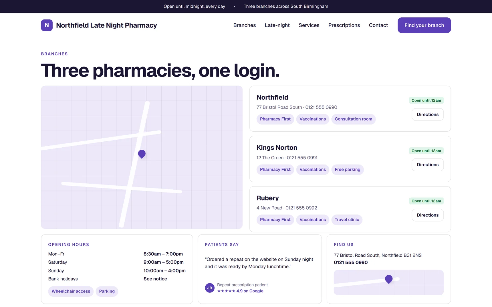 Demo group branches page with map and per-branch services