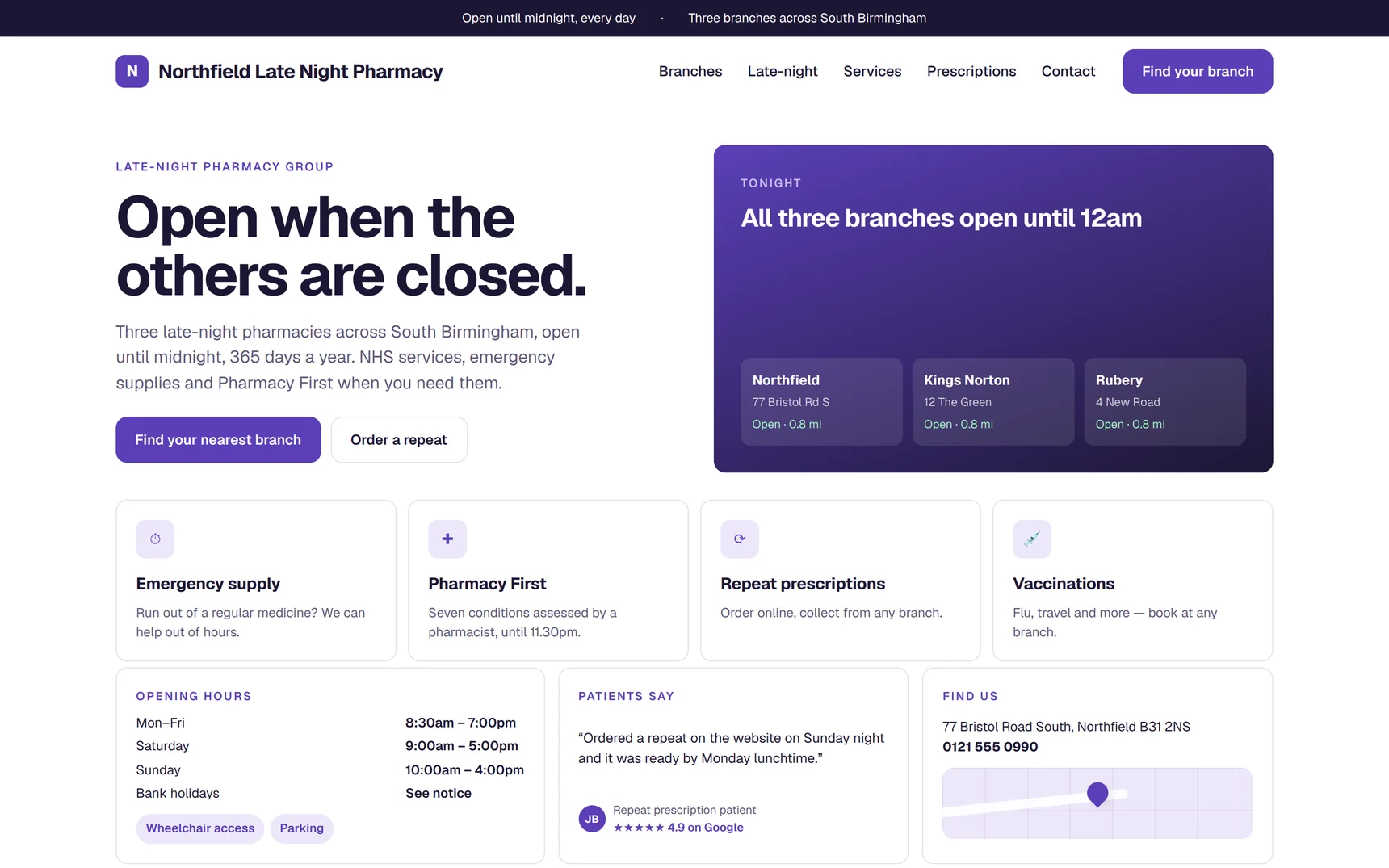 Demo pharmacy group homepage with branch status