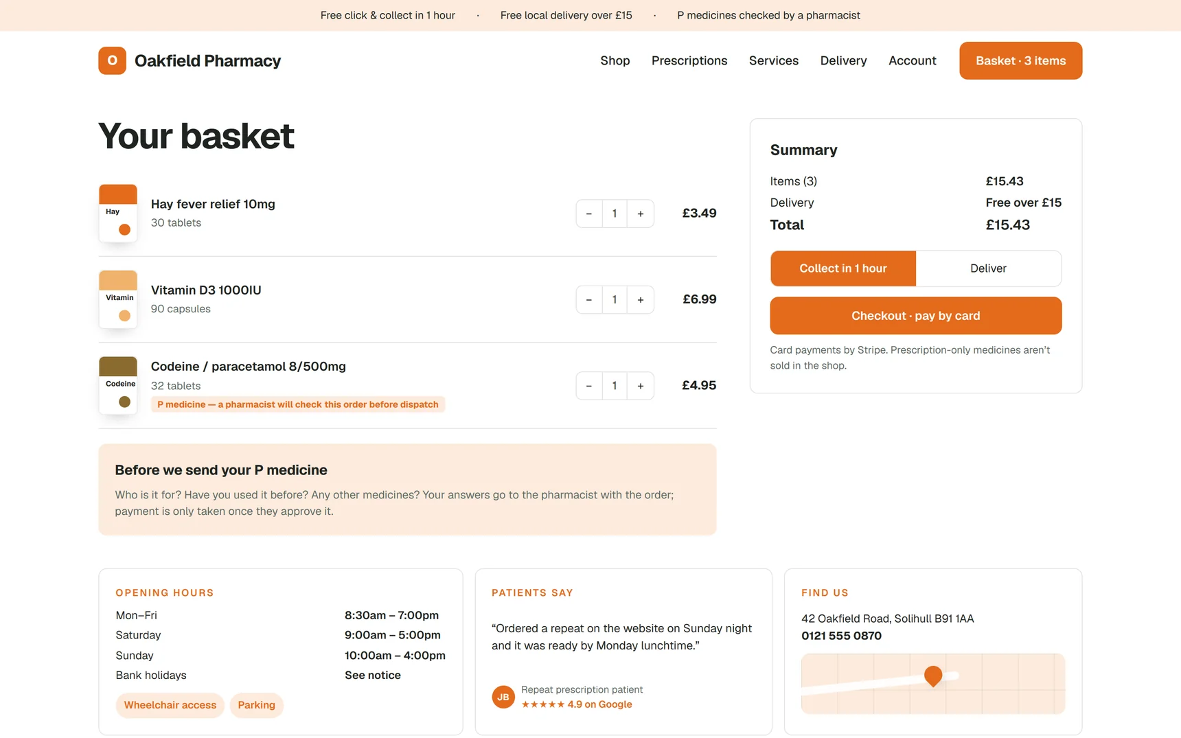 Demo pharmacy basket with the P medicine check before checkout