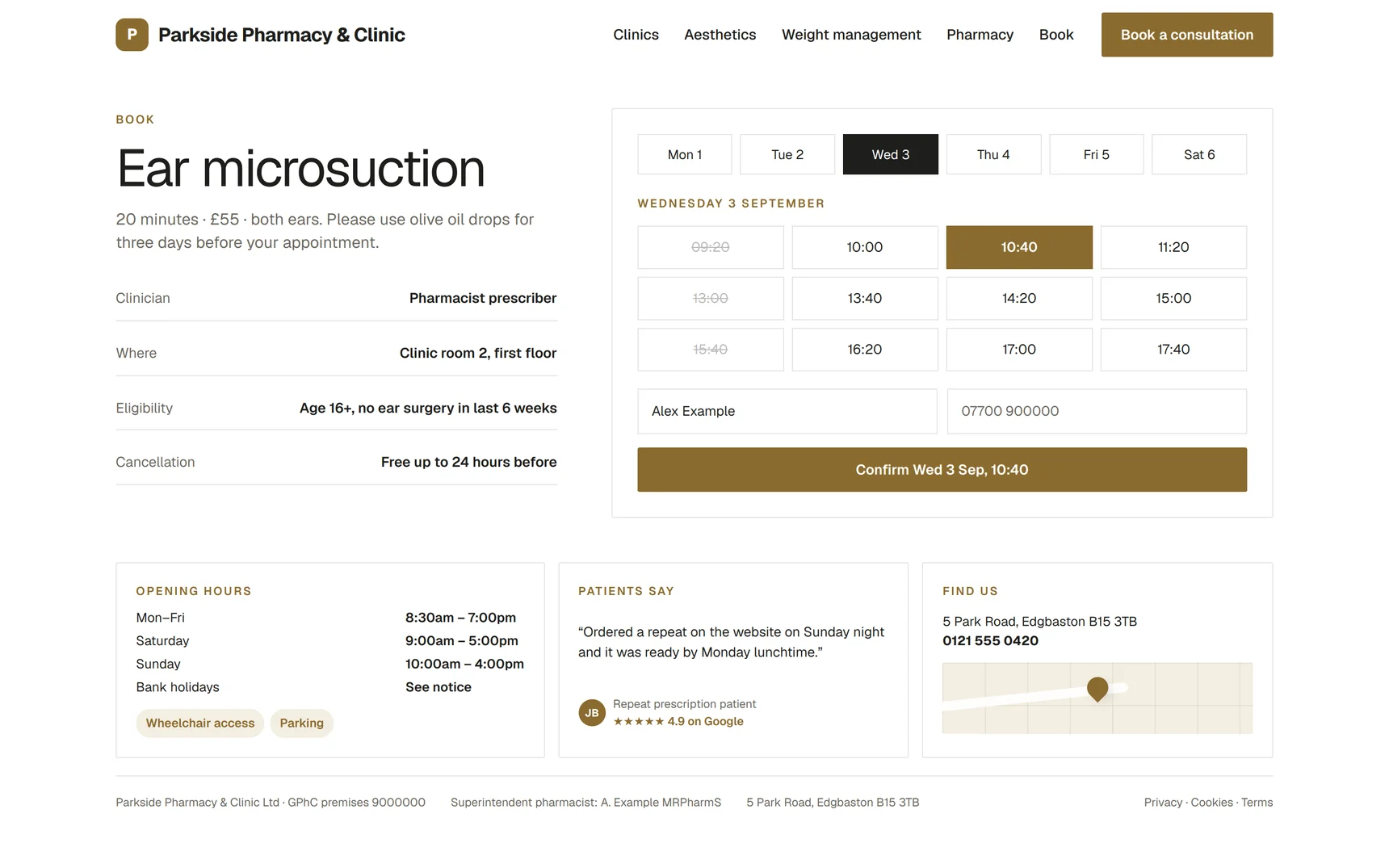 Demo pharmacy booking calendar with availability and eligibility notes
