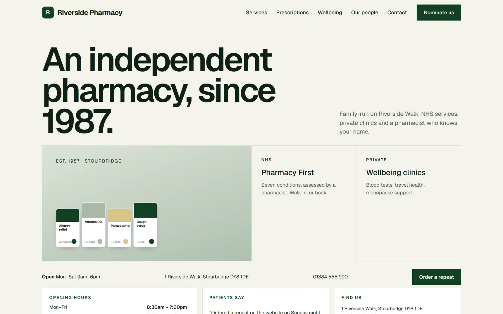 Demo pharmacy homepage with editorial typography