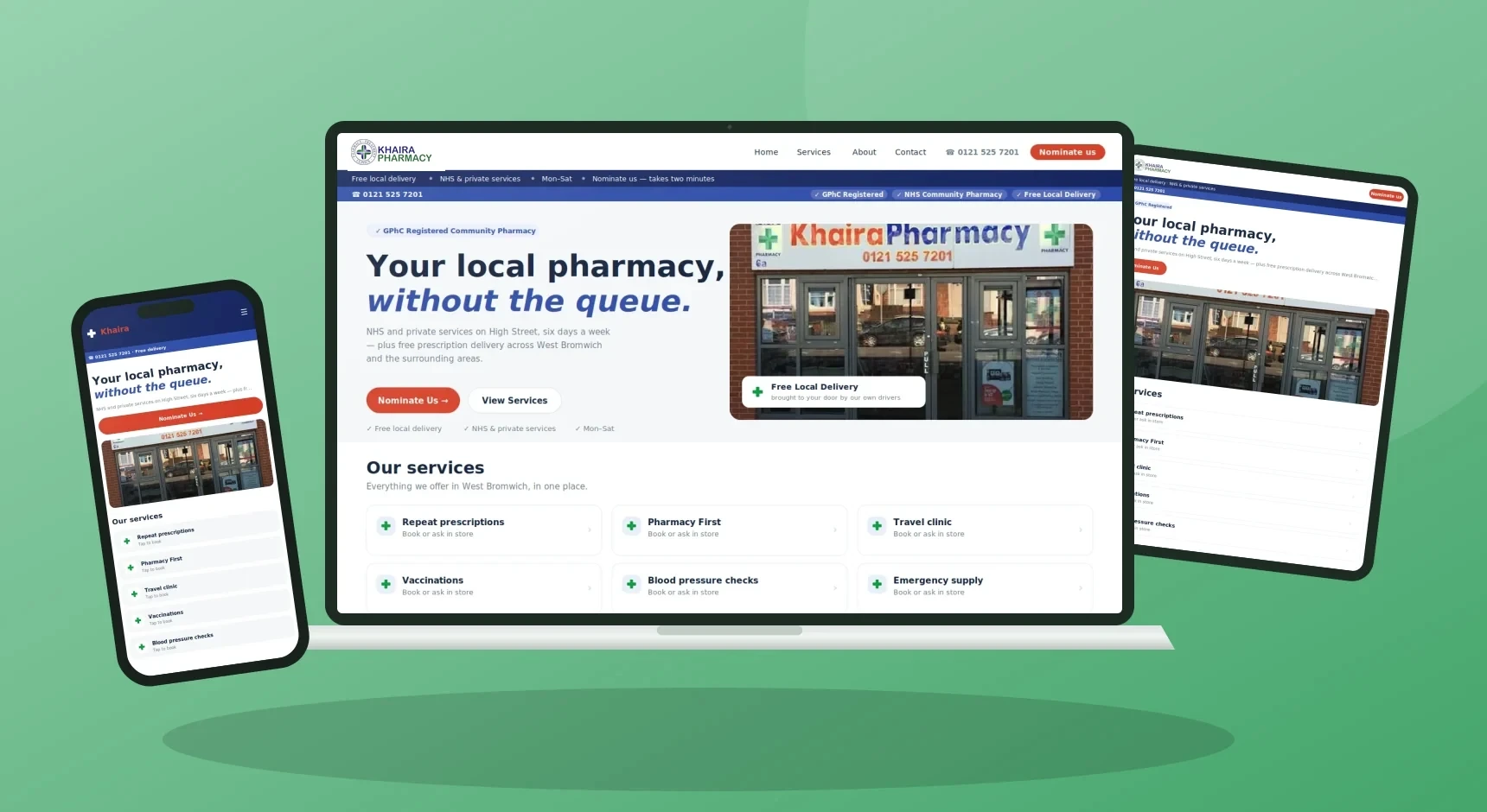 A PharmGrowth pharmacy website shown on desktop, tablet and phone