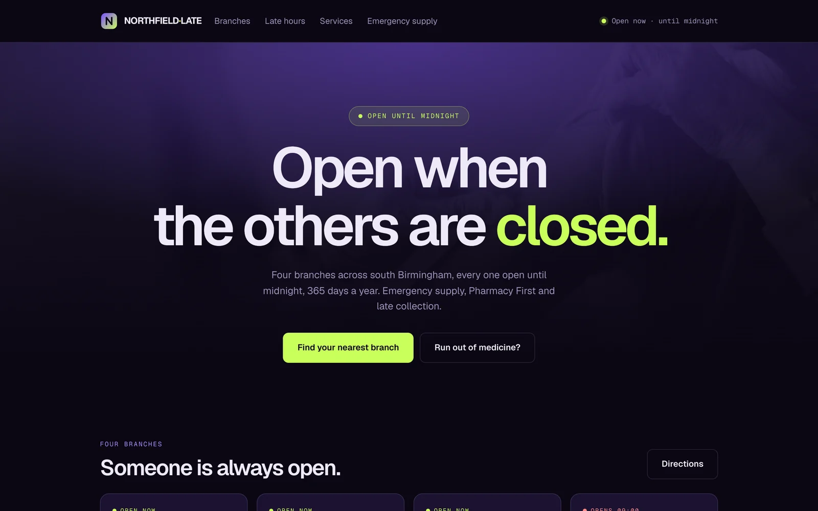 Northfield Late Night homepage built on PharmGrowth