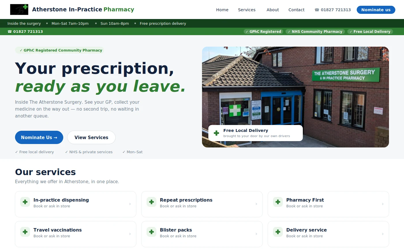 Atherstone In-Practice Pharmacy homepage, a live client site built on PharmGrowth