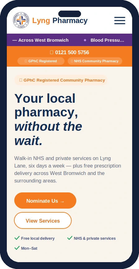 Lyng Pharmacy website homepage on a mobile phone with repeat prescription and nomination buttons