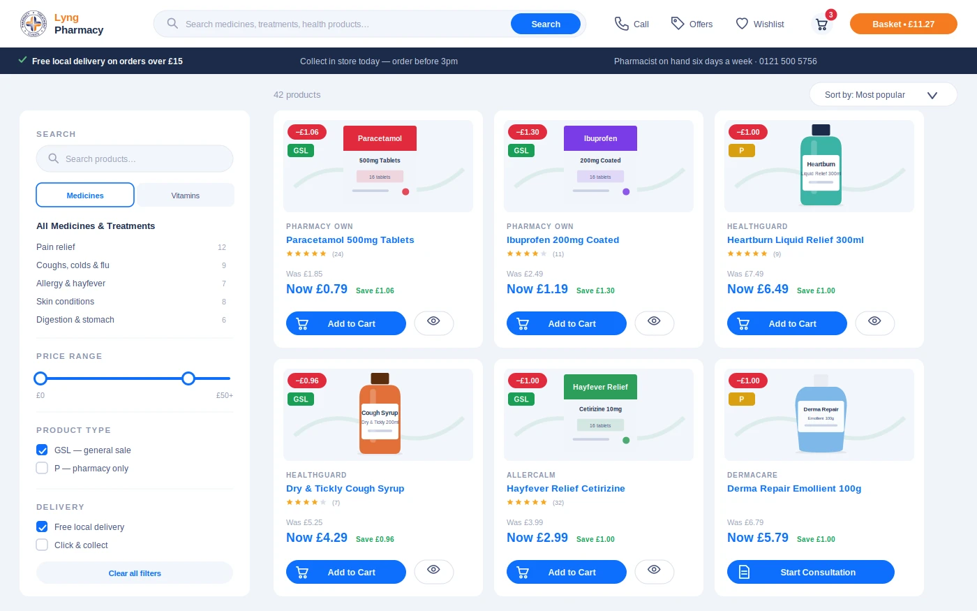 Lyng Pharmacy online shop product grid
