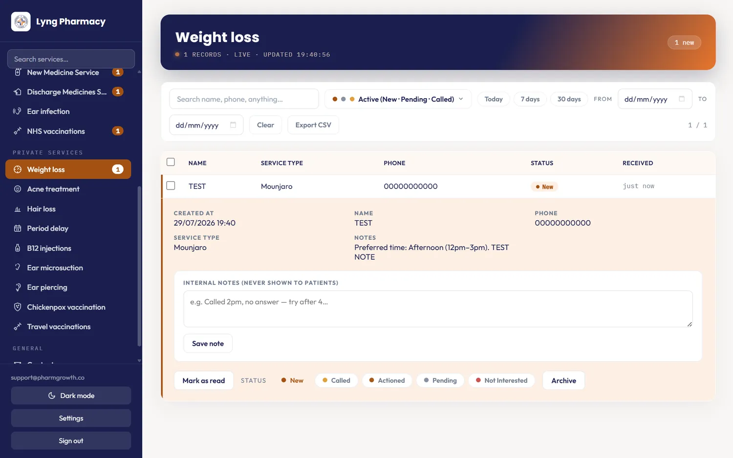 Weight management service bookings in a PharmGrowth admin dashboard