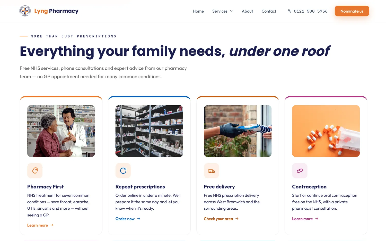 Services index on a PharmGrowth pharmacy website with a card for each NHS and private service