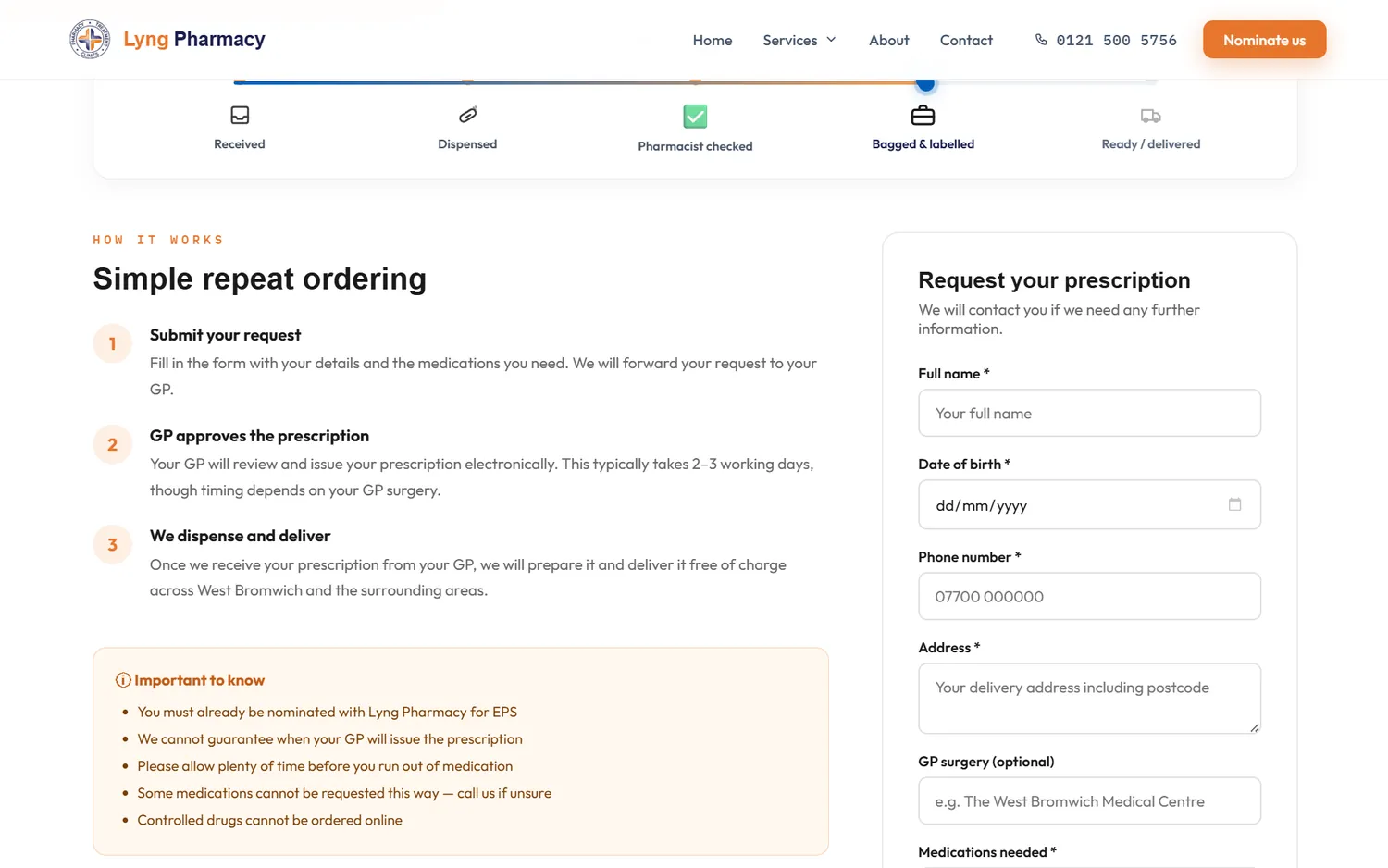 Repeat prescription request form on a PharmGrowth pharmacy website