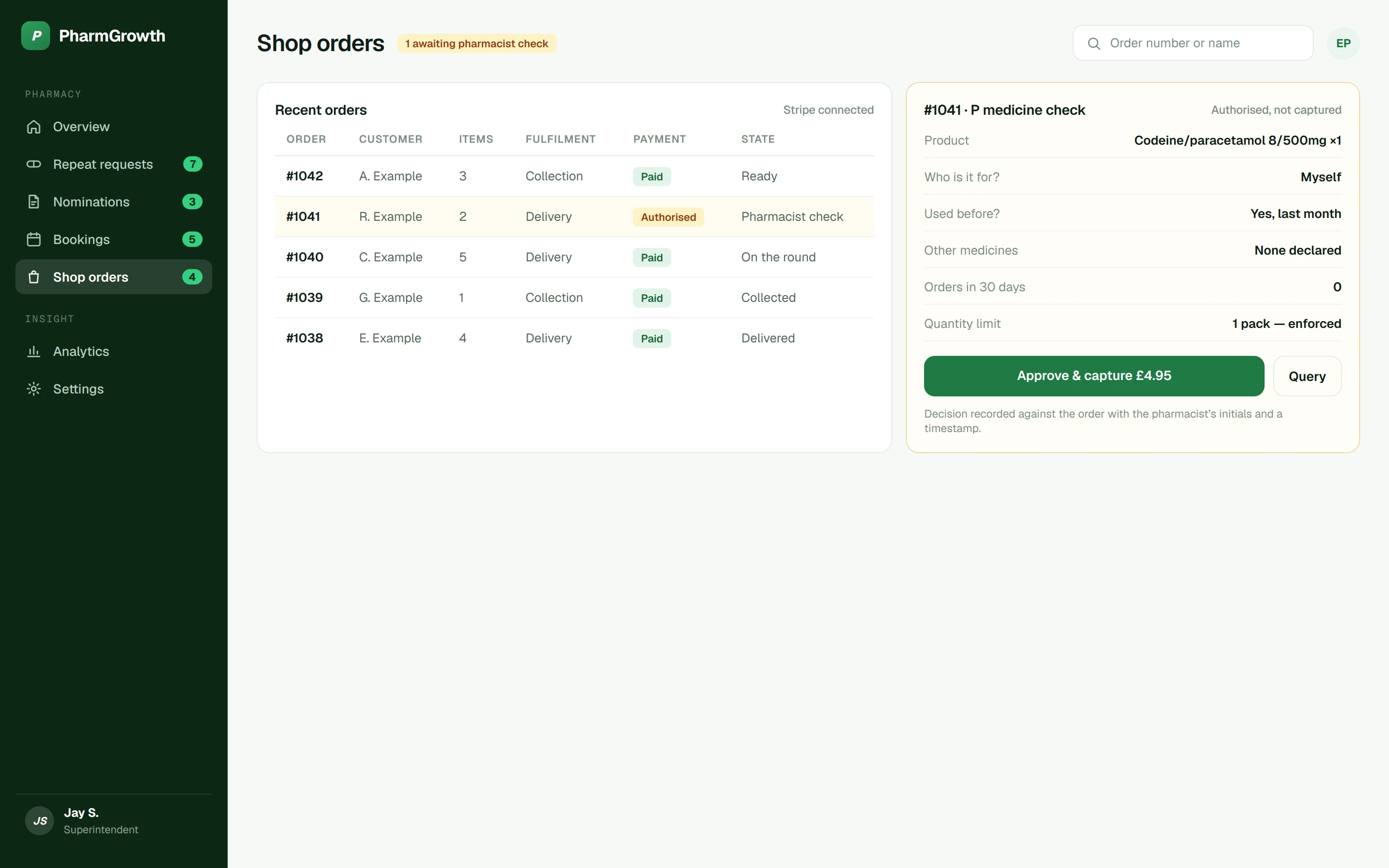 Shop orders in the PharmGrowth dashboard, including app orders