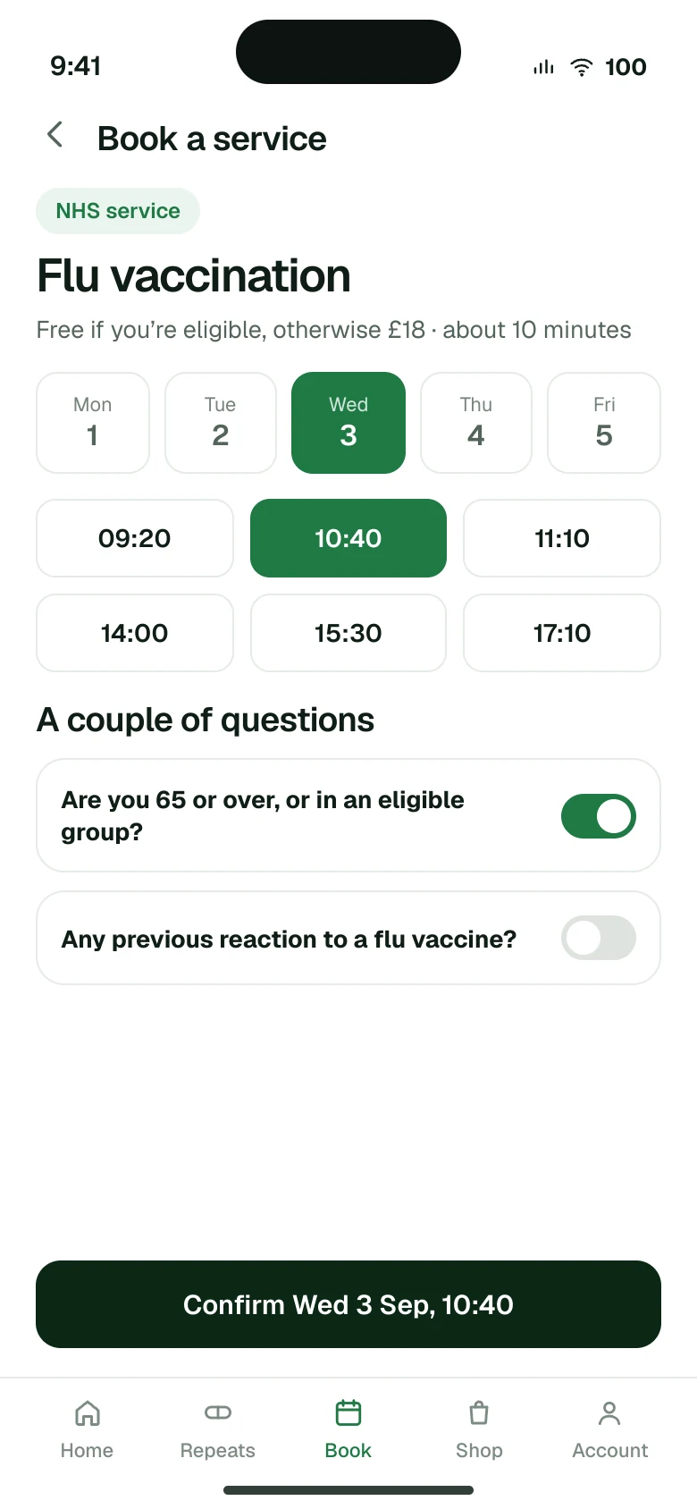 Patient app flu vaccination booking screen