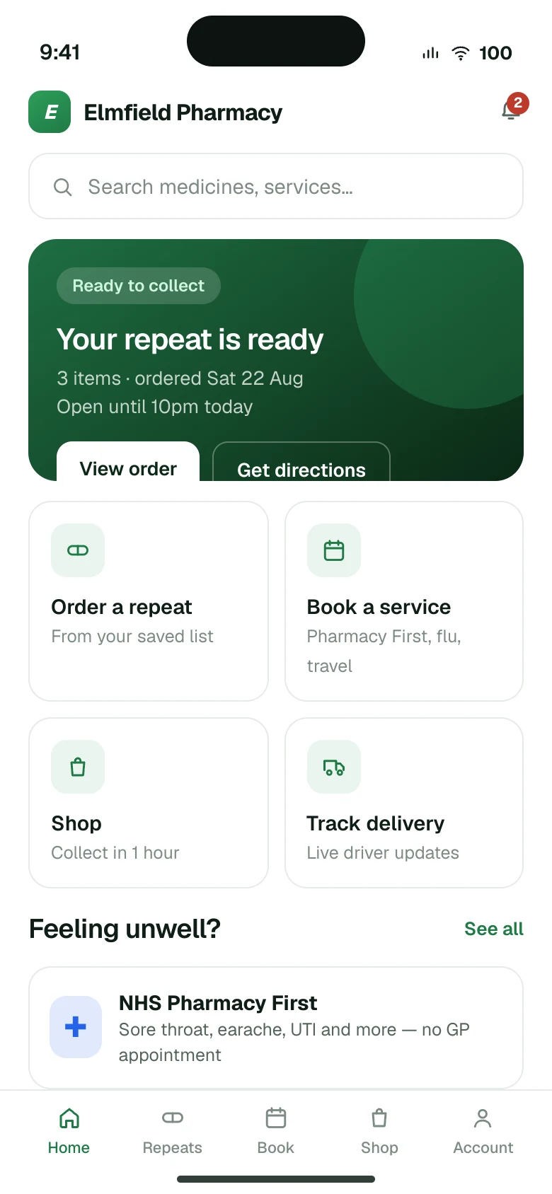 PharmGrowth patient app home screen showing a repeat prescription ready to collect