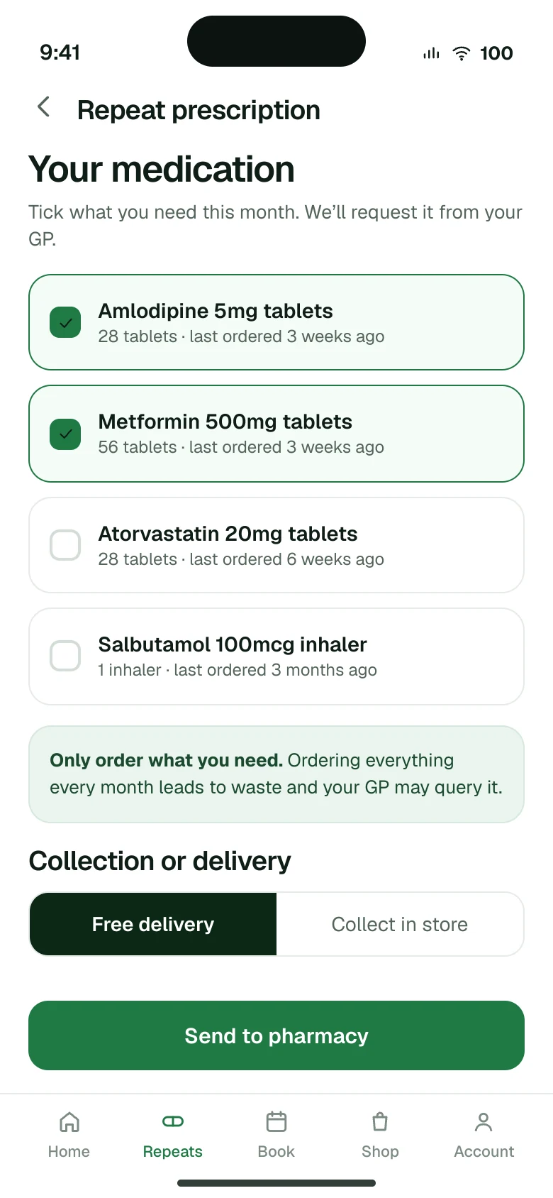 Patient app repeat prescription screen with a saved medication list