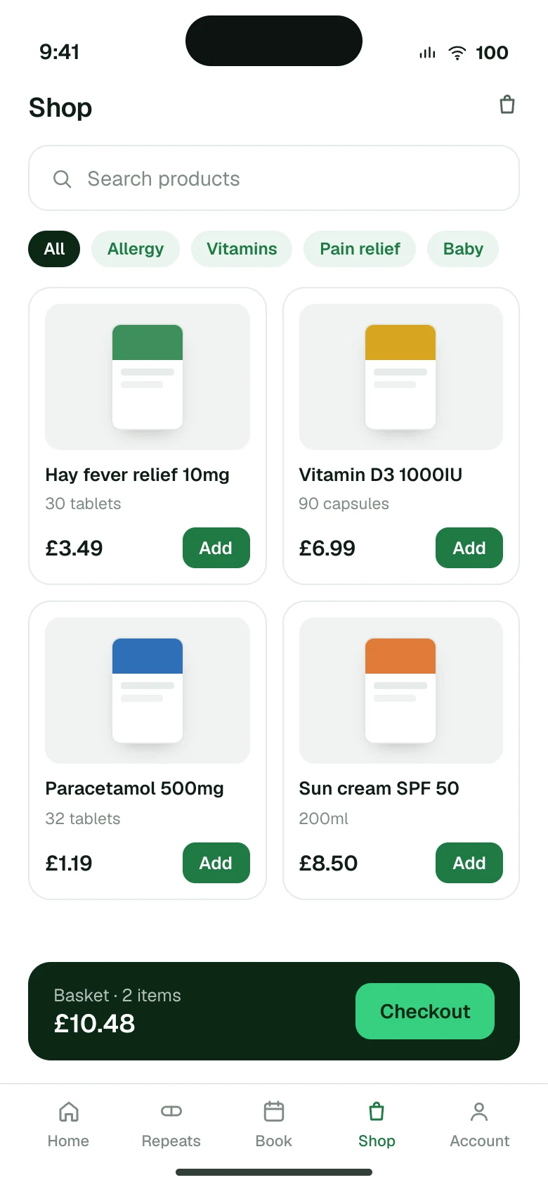 Patient app shop screen