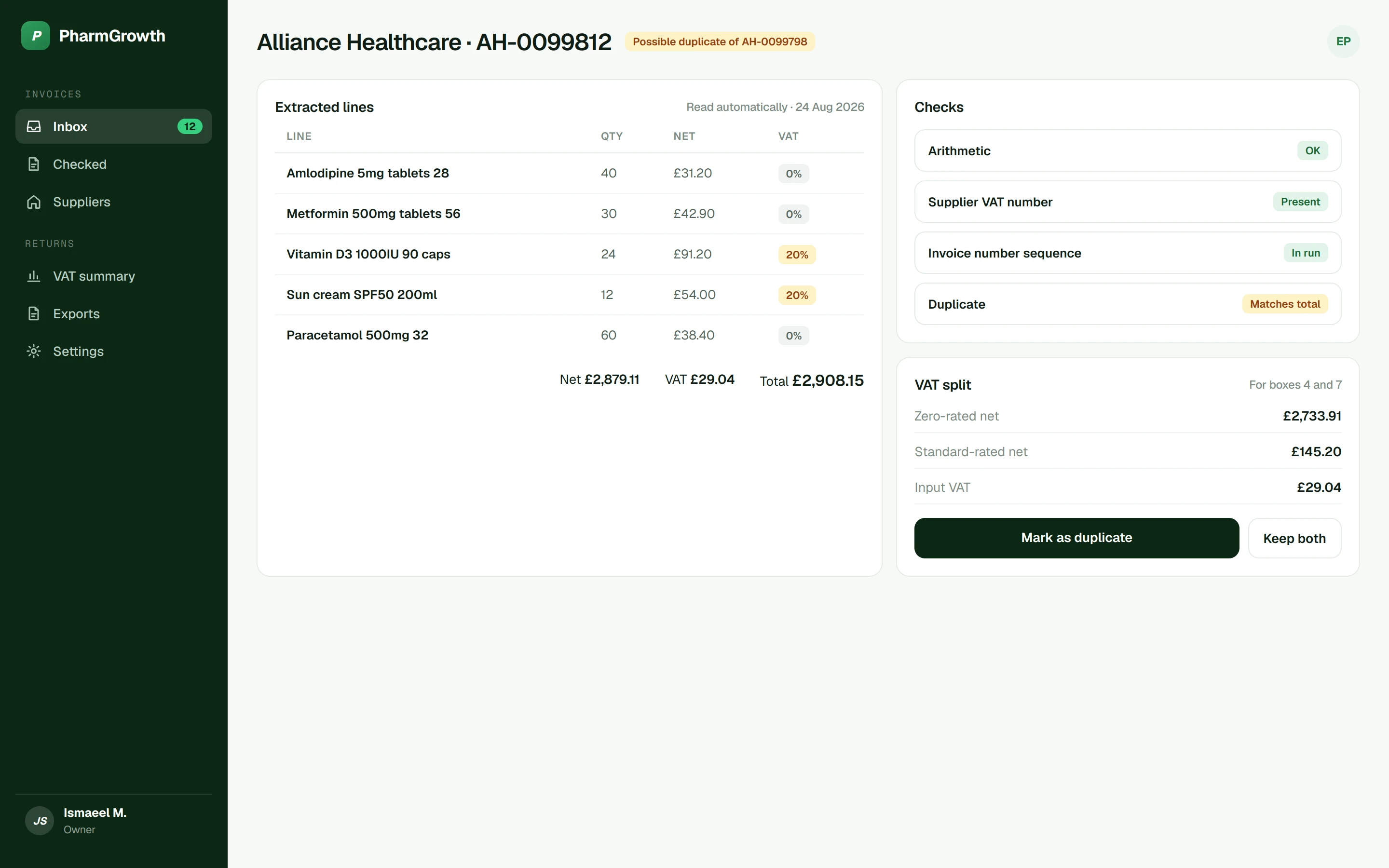 Ledgerly invoice detail with extracted lines, checks and a VAT split for boxes 4 and 7