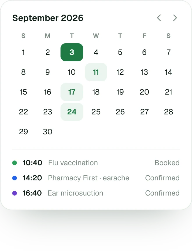 Service bookings calendar with flu vaccination and Pharmacy First appointments